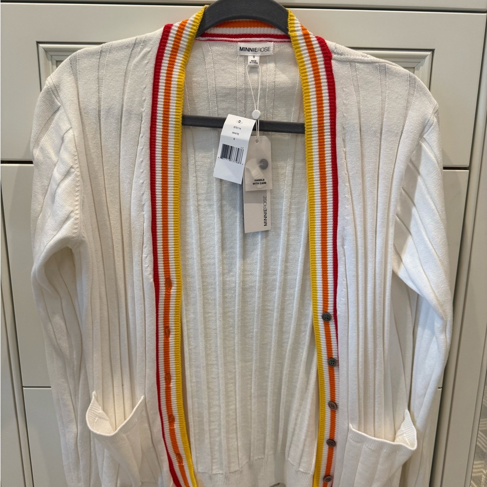 Minnie Rose NWT White Cardigan with Red and Yellow Trim